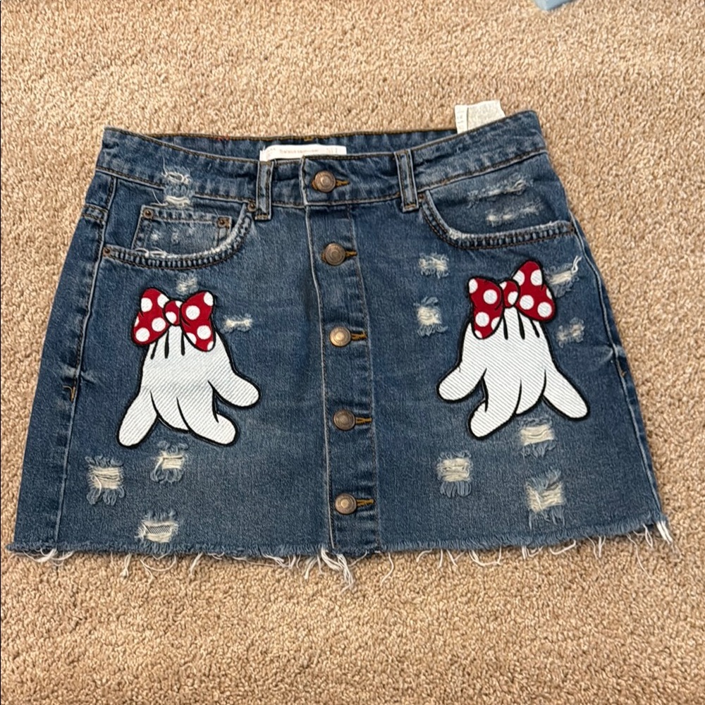 New Zara X Disney Denim Skirt with Cartoon Hand Patches